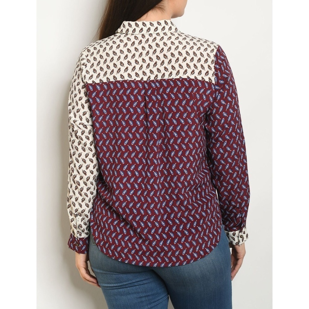 WINE & IVORY PRINT BLOUSE WITH ROLL TAB SLEEVES - Picture 2 of 2